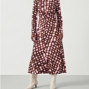 NWT Hush UK Myrah Satin Women's Midi Dress Brown/Pink Geo Print UK 18 US 16